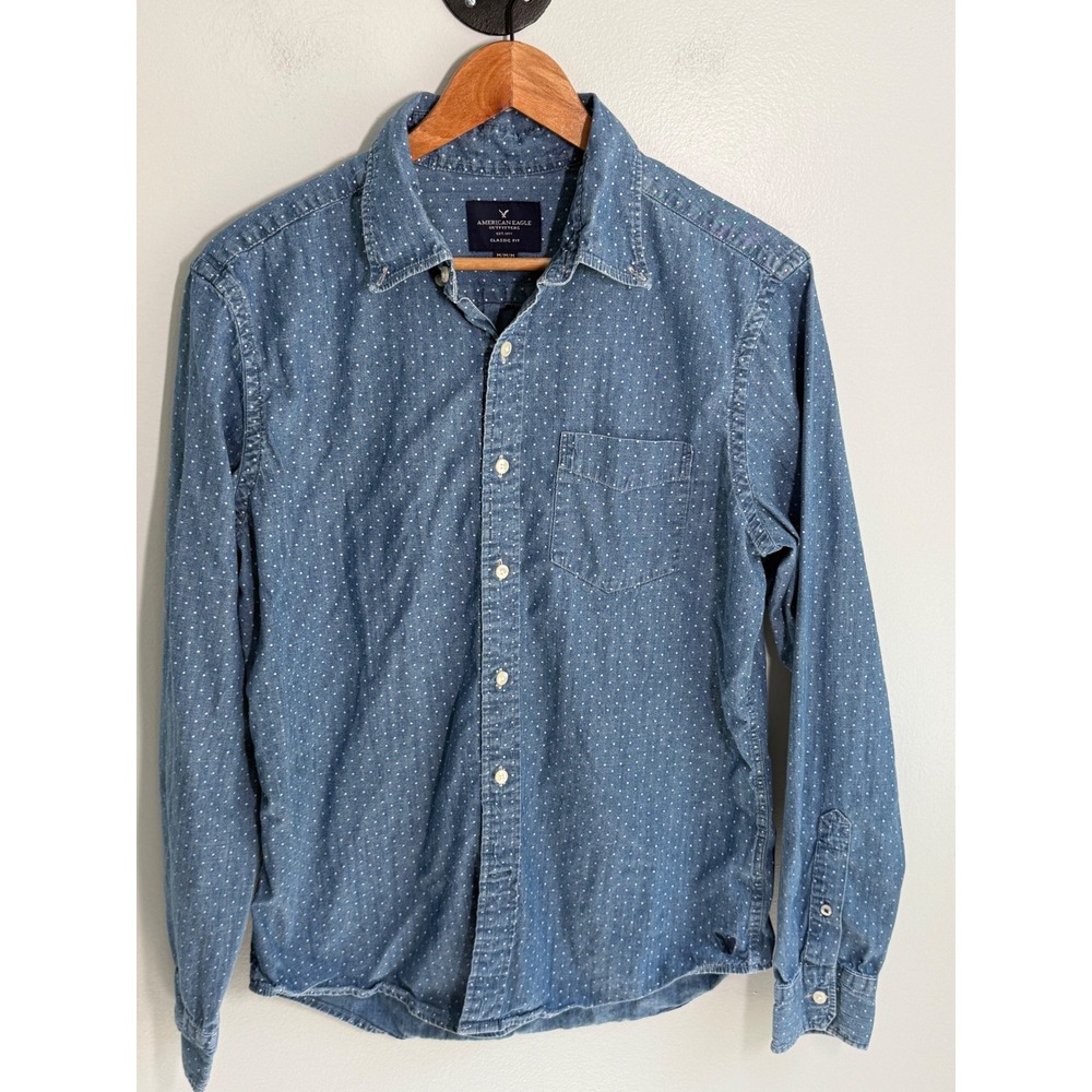 American Eagle Mens Blue Polka Dot Chambray Button Down Shirt Classic Fit Medium